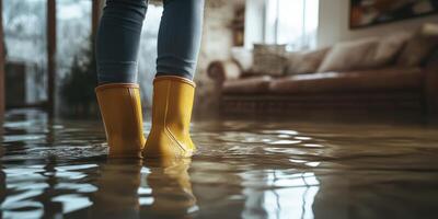 A person is standing in bright yellow rubber boots in a flooded room, which visually emphasizes and highlights the serious and severe consequences of water damage resulting from home flooding photo