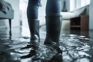 A person wearing rubber boots is seen carefully navigating a flooded room, which powerfully highlights the severe and distressing impacts of home inundation on both living spaces and daily activities photo