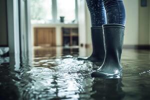 A person wearing sturdy rubber boots stands in a waterlogged room, vividly illustrating the severe impact of flooding and the overwhelming challenges that inundation creates within homes photo