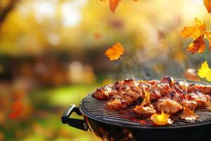 Experience the joy of savoring a mouthwatering barbecue among the stunningly vibrant autumn leaves all around you. This is truly the perfect outdoor cooking experience in a sunlit garden setting photo