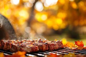 Savor the delightful experience of perfectly grilled beef in a charming autumn backdrop, creating an ideal ambiance for unforgettable picnics and joyous gatherings with dear friends and loving family photo