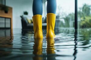 A person dressed in bright yellow rubber boots is standing inside a flooded room, where the water beautifully reflects light and the surrounding furniture can be seen in the background photo