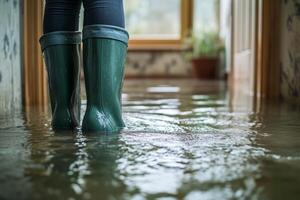 A person is standing in a flooded room, wearing bright green rubber boots, surrounded by water that covers the floor completely, while sunlight softly filters through a nearby window photo