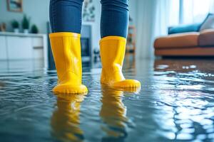 A lone individual in bright yellow rubber boots stands in a flooded room, highlighting severe water damage and the urgent need for cleanup to restore the space for safe habitation photo