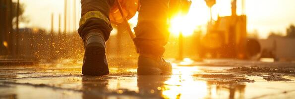 A construction worker steps confidently in the sunrise glow, showcasing determination and hard work. photo
