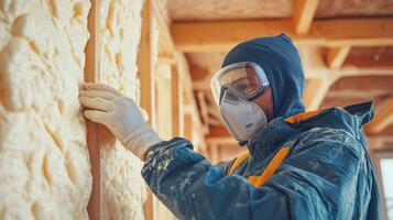 A highly skilled and experienced builder is diligently applying foam insulation to the exterior walls of a structure, ensuring safety by wearing a mask, gloves, and a protective suit for protection photo