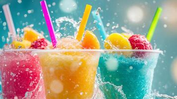 Indulge in refreshing slushies adorned with bright colors and vibrant splashes, perfect for summer vibes and fun photo