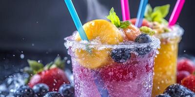 Enjoy colorful fruit cocktails with fizzy bubbles and straws, perfect for summer parties and gatherings photo