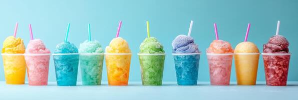 A vibrant and enticing display of assorted ice cream cups that showcase a wide variety of flavors and colors, making them perfect for enjoying a refreshing and delightful summer treat photo