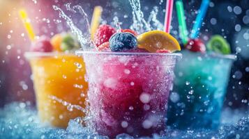 Vibrant and colorful drinks with delightful splashes are perfect for summer refreshment and enjoyment on hot days photo