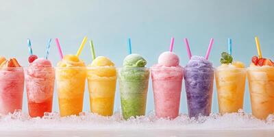 Indulge in vibrant ice desserts that come in an exciting variety of fruity flavors, beautifully served in clear cups. They are the perfect choice for a refreshing treat on a warm, sunny day photo