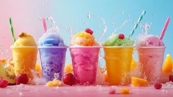 This vibrant and colorful display showcases a variety of fruity ice creams along with an assortment of refreshing drinks, together creating a perfect and delightful summer treat for warm, sunny days photo