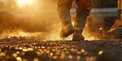 A silhouette of sturdy work boots on a gravel path at sunset, highlighting labor and natures beauty photo