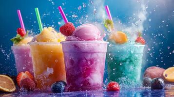 Indulge in a variety of mouthwatering, fruitbased slushies and creamy ice creams that are beautifully served in colorful cups, making them the perfect refreshing treat for any warm day photo