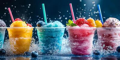 Vibrant and colorful ice cream cups splashing water are perfect for enjoying summer fun and refreshing treats photo