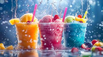 A vibrant and eyecatching display of fruity ice cocktails served in colorful and cheerful cups, creating the perfect treat for summer enjoyment and refreshing moments with friends or family photo
