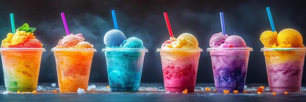A vibrant and visually appealing display of colorful ice cream and smoothie cups offers the perfect opportunity for indulging in summer treats that provide refreshing enjoyment during warm days photo