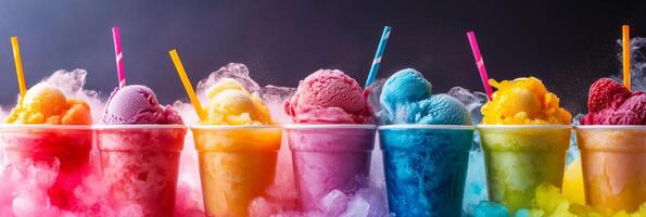 The scene showcases vibrant vegan ice cream cups with refreshing flavors, artistically arranged against a dynamic backdrop emphasizing ecological awareness and sustainability in the community photo