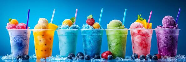 An exquisite and vibrant array of fruity ice cream cocktails served in colorful cups, the perfect choice for a refreshing treat and indulgence on warm days. An ideal delight for summer enjoyment photo
