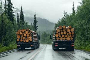 In a lively forest, two large logging trucks navigate a muddy road lined with fresh logs. The expansive, cloudy skies enhance the natural scenery, creating a picturesque forestry landscape photo