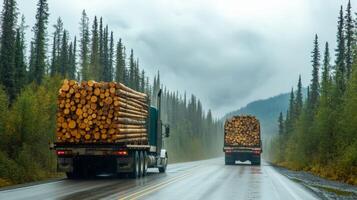 Logging trucks transport freshly cut timber logs along a muddy road that winds through a lush, forested area, emphasizing the intersection of nature and industry in this rugged landscape photo
