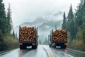 Two large logging trucks transport freshly cut timber logs down a muddy road that winds through a misty forest, enveloped by majestic mountains all around, creating a serene and picturesque scene photo