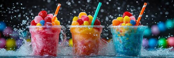 Vibrant slushie cups brimming with fresh, juicy berries and splashing water, ideal for enjoying summer days photo