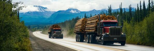 Logging trucks carefully navigate a muddy road while transporting freshly cut timber logs through a picturesque and scenic forest setting, showcasing the beauty of nature all around them photo