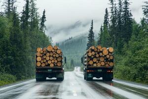 Two large logging trucks, fully loaded with freshly cut timber, navigate the rough, muddy terrain of a forest road, surrounded by abundant lush trees and shrouded misty mountains in the distance photo