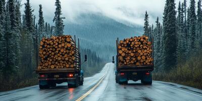 In the vast wilderness, heavy logging trucks skillfully navigate through a muddy forest road, efficiently transporting substantial loads of freshly harvested timber sourced from the areas lush trees photo
