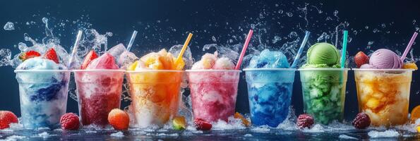 Imagine a colorful array of fruitflavored ice creams and refreshing drinks in clear cups, adorned with toppings and a playful splash effect, inviting enjoyment with every bite and sip photo