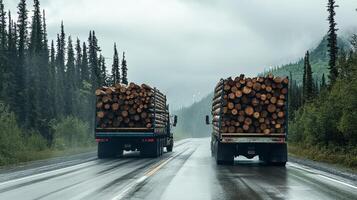 Logging trucks transport freshly cut timber logs along a muddy road that stretches through a dense forest landscape, all beneath an overcast grey sky that adds to the rural scenery surrounding them photo