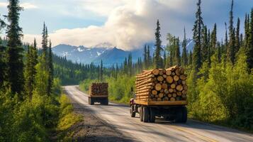 Two sturdy logging trucks navigate a muddy, winding road through a lush forest, carrying heavy timber loads, with majestic mountains in the backdrop, creating a stunning landscape photo