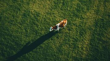 A serene high angle view of a white and brown cow standing on lush green grass, casting a prominent shadow, highlighting the beauty of nature photo