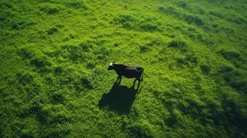 A breathtaking aerial perspective reveals a cow gracefully casting its shadow on a vibrant, lush green field, highlighting and emphasizing the serene tranquility of rural life in its natural setting photo