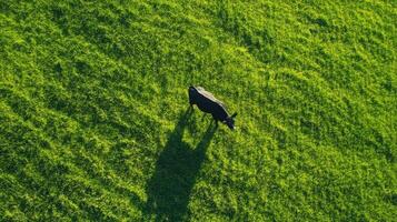 This aerial view features a striking white and brown cow in a vibrant green field, its shadow visible, beautifully representing nature and rural life, inviting exploration of this serene landscape photo