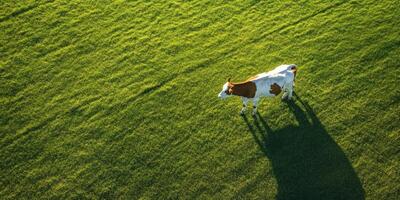 A tranquil and serene high angle view of a striking white and brown cow casting a gentle shadow on a beautiful lush green field, perfectly showcasing the breathtaking beauty of rural landscapes photo