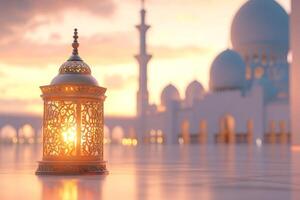 An ornate lantern casts a warm glow, illuminating a scene with a breathtaking mosque in the background, symbolizing joy, inner peace, and a spiritual connection uniting diverse communities photo