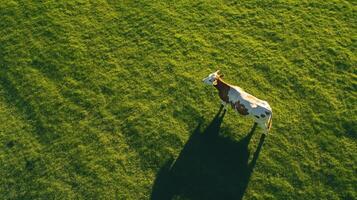 A peaceful cow embodies warmth, casting a soothing shadow on a lush green field, creating a tranquil landscape that nature lovers and agriculture enthusiasts will admire in its beauty photo