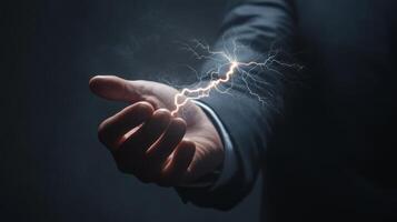 A determined businessman confidently holds a lightning bolt, symbolizing power, innovation, and energy, against a dark background representing modernity and cuttingedge technology photo