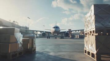 A cargo aircraft is getting ready as it prepares for takeoff on the runway, highlighting the indispensable role that air transport plays in the intricate global logistics and shipping network photo