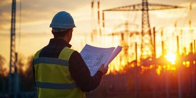 An experienced electrical engineer inspects blueprints at a power plant during sunset, overseeing infrastructure development to ensure efficient operations and the reliability of energy production photo