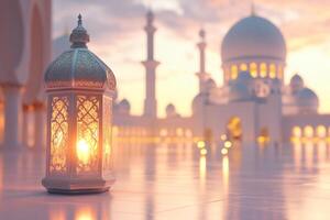 A stunning lantern beautifully illuminates the area in front of a majestic mosque, symbolizing a profound sense of joy and peace in the rich Islamic tradition that is cherished by many photo