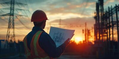 An electrical engineer studies complex blueprints at sunset in a large power plant, surrounded by towering structures and power lines, symbolizing vital infrastructure and innovation photo