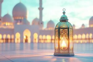 A beautifully designed lantern casts its warm glow, illuminating the tranquil and serene setting of a mosque, symbolizing the deep peace and profound spirituality inherent in Islamic culture photo