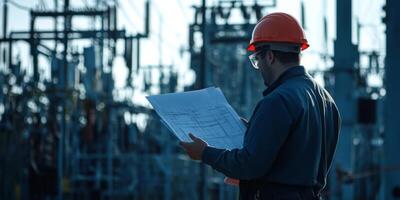 An experienced electrical engineer inspects blueprints at a power plant, ensuring all systems meet critical safety, operational, and regulatory standards for quality and performance photo