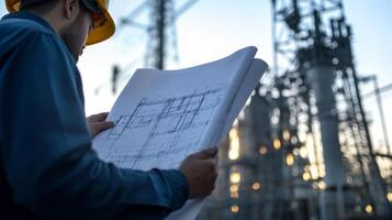 An electrical engineer diligently studies intricate blueprints at a power plant site, underscoring the essential role of thorough planning in the complex process of energy production and management photo