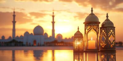 A captivating and vivid scene featuring beautiful, glowing Islamic lanterns illuminated at sunset, symbolizing deep faith, unity, and joyful celebration within a rich and vibrant cultural context photo