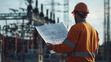 An experienced electrical engineer reviews blueprints at a power plant, demonstrating expertise in infrastructure planning and energy management for smooth and efficient operations photo