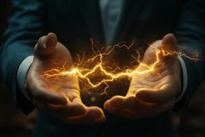 A businessman confidently holds an electric lightning bolt in his hands, which serves as a potent symbol of power, innovation, and forwardthinking in the fastpaced corporate world of today photo